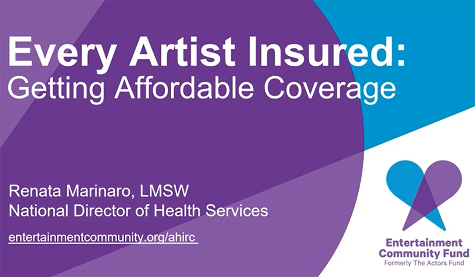 Text on Purple Background: "Every Artist Insured: Getting Affordable Coverage"