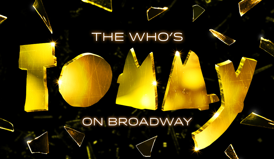 In gold text on black background, the words "TOMMY ON BROADWAY", surrounded by glass shards