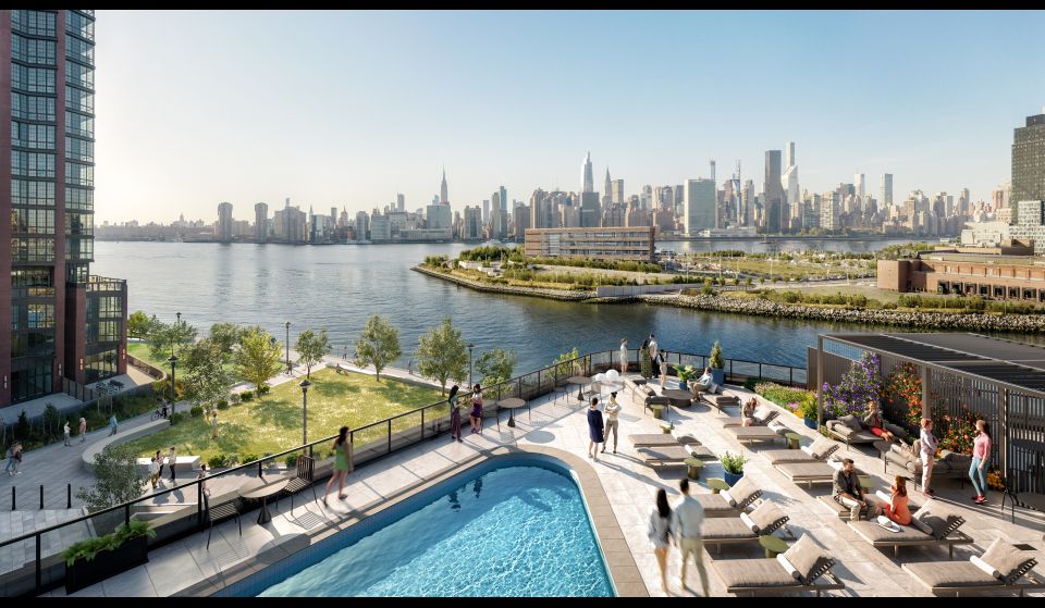 Overhead view of Greenpoint property pool, promenade, river looking toward the city
