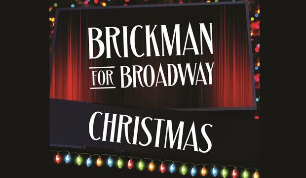 Text "Brickman for Broadway Christmas" over red theater curtains, framed by Christmas lights 