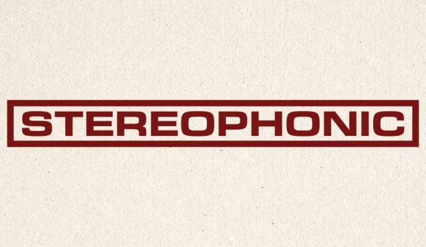 Red text inside of a red square on a beige background: STEREOPHONIC