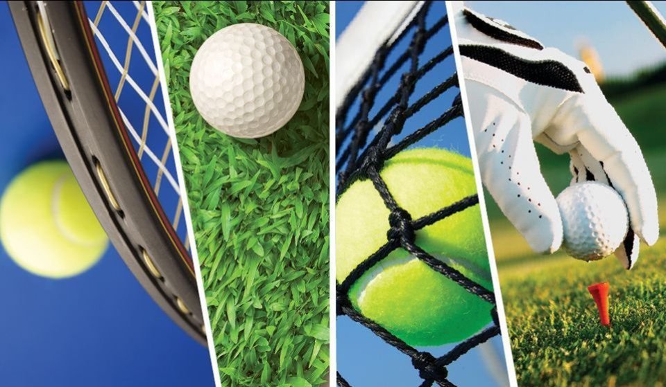 Tennis ball and racquet; golf ball on a tee; tennis ball hitting a net; golfer's hand placing a ball on a tee